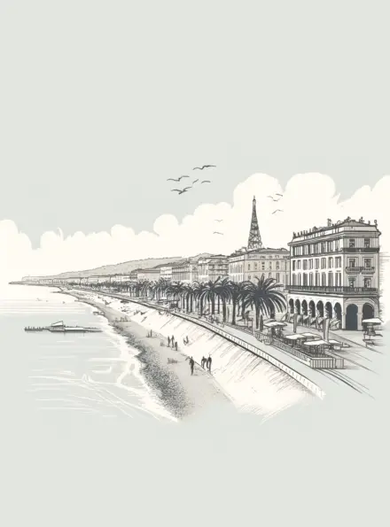 DALL·E 2024-06-03 18.25.34 – A simple, hand-drawn style draft of Nice, France for a WooCommerce category page. The image should feature the Promenade des Anglais prominently, with