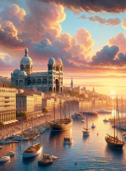 DALL·E 2024-06-04 13.49.20 – A realistic view of Marseille at sunset, similar in style to a previous romantic sunset view of Paris. The Notre-Dame de la Garde basilica is prominen